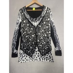 Adam Jacobs‎ XXL Black Top Fishnet Animal Print Glam Edgy Statement Y2K Clubwear